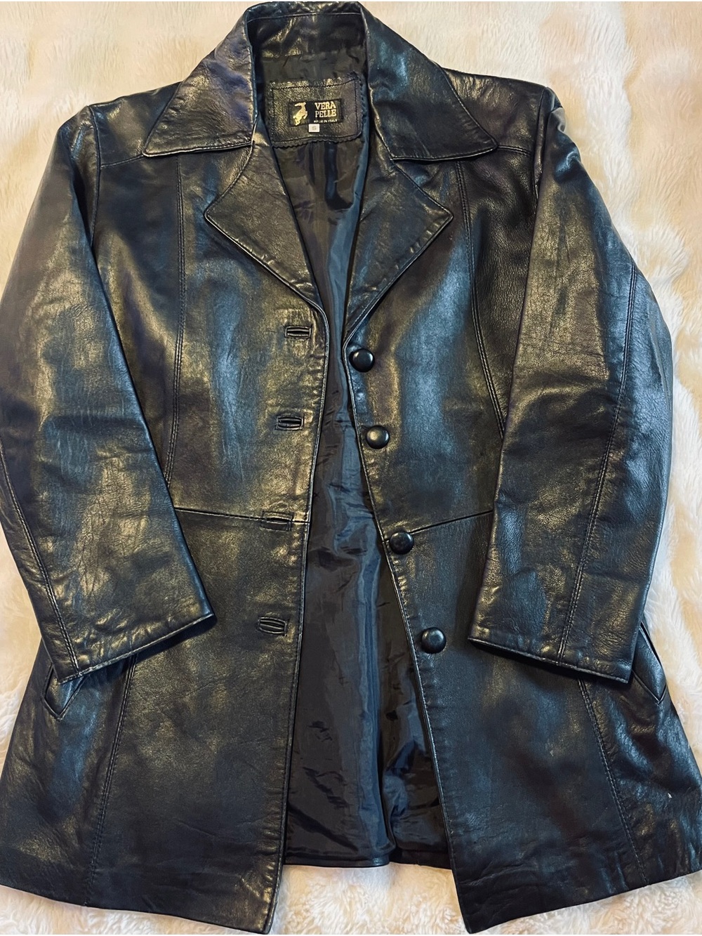 Vera Pelle Black Leather Button-Front Trench Coat